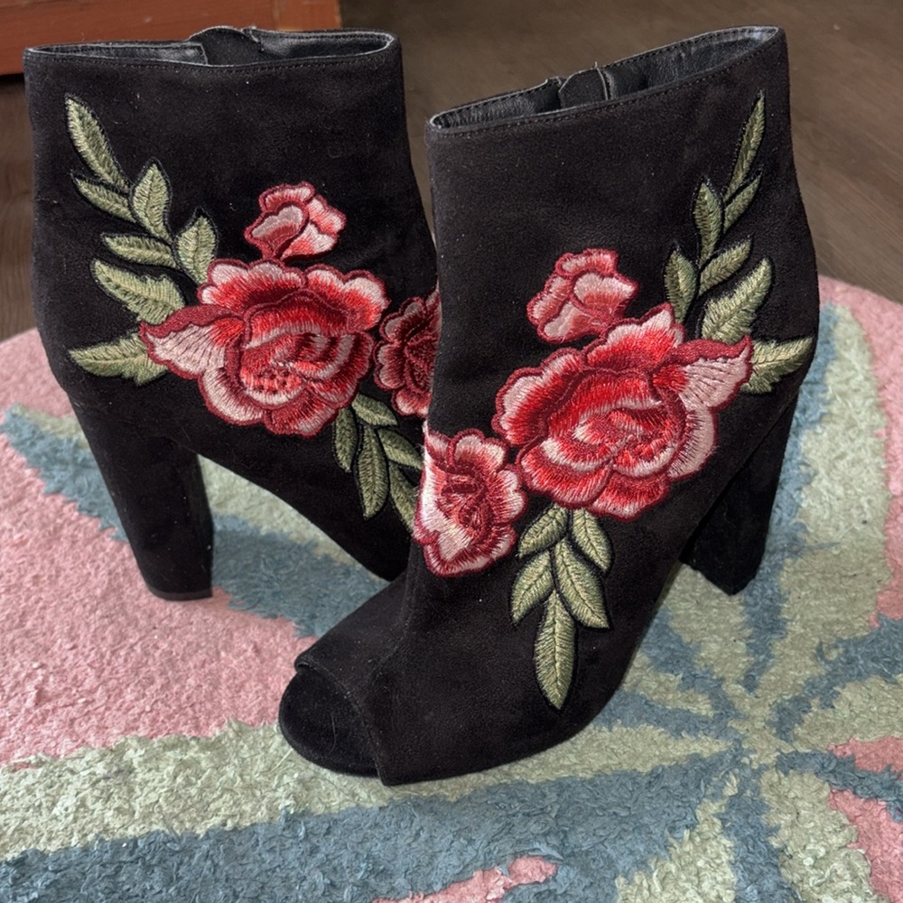 Black Suede Rose Embroidered Peep Toe Ankle Boots